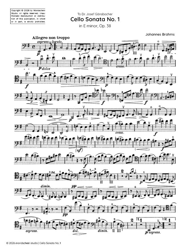 Brahms - Cello Sonata No. 1 in E major, Op. 38 (PDF Sheet Music / Digital Download)