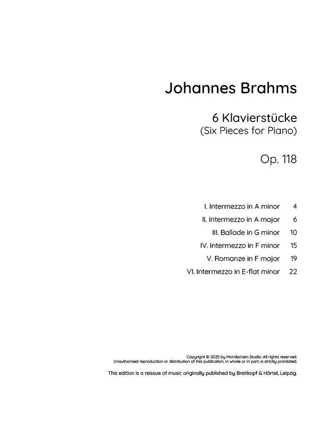 Brahms - Six Pieces for Piano, Op. 118 (PDF Sheet Music / Digital Download)