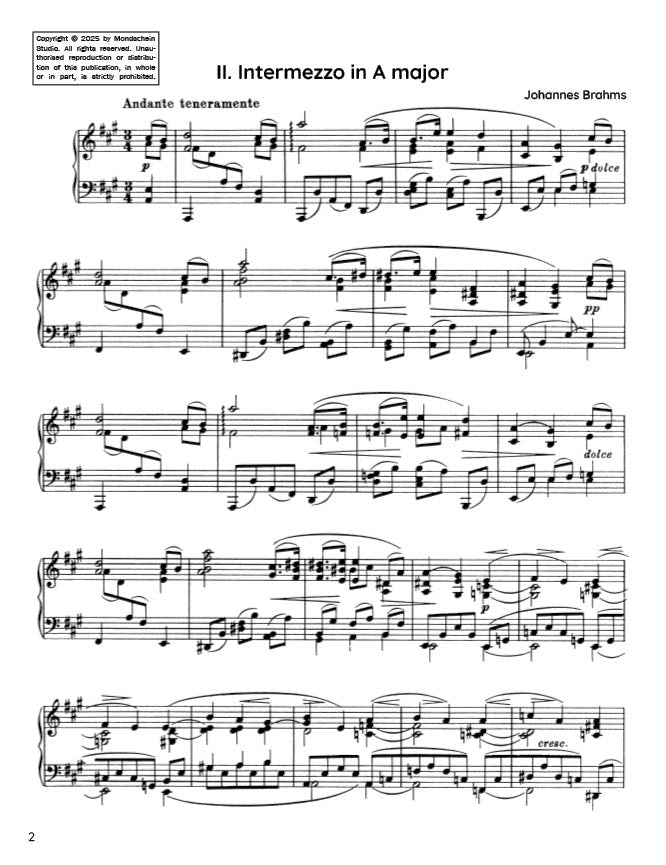Brahms - Intermezzo in A major, Op. 118 No. 2 (PDF Sheet Music / Digital Download)