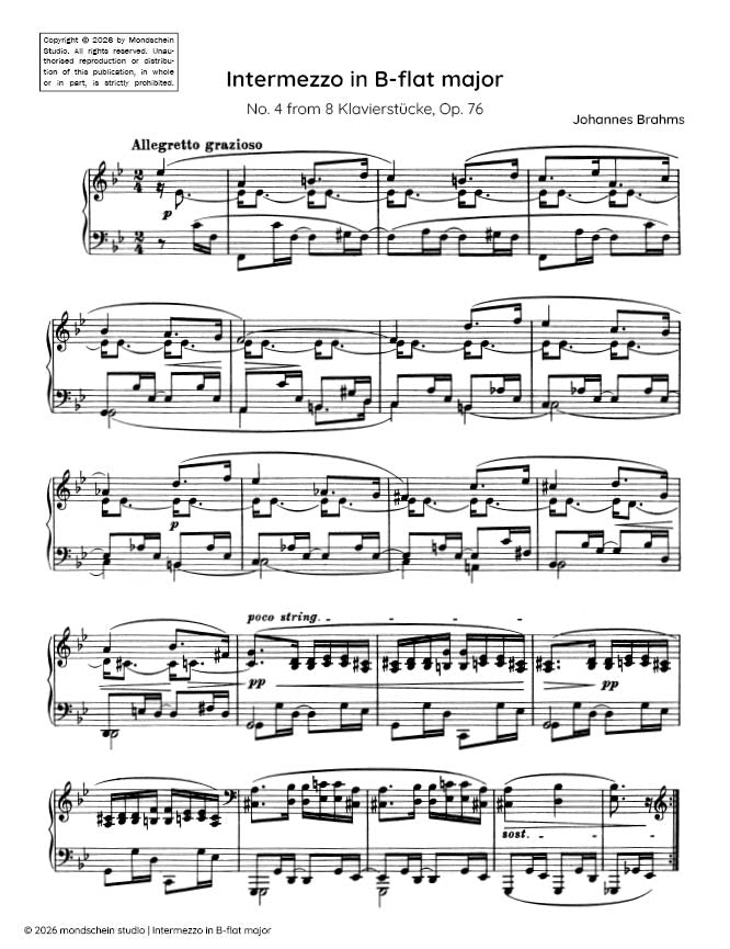 Brahms - Intermezzo in B-flat major, No. 4 from 8 Klavierstücke, Op. 76 (PDF Sheet Music / Digital Download)