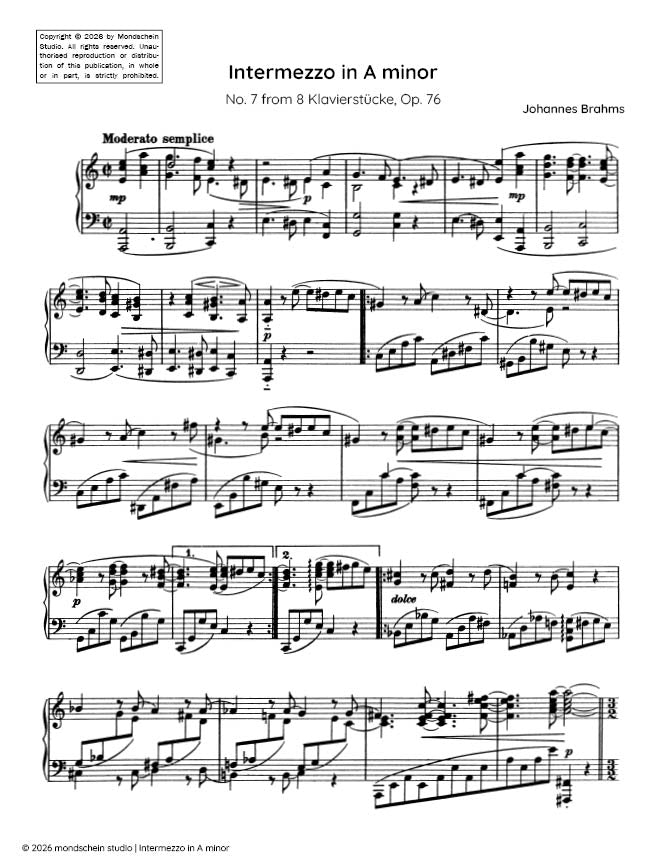 Brahms - Intermezzo in A minor, No. 7 from 8 Klavierstücke, Op. 76 (PDF Sheet Music / Digital Download)
