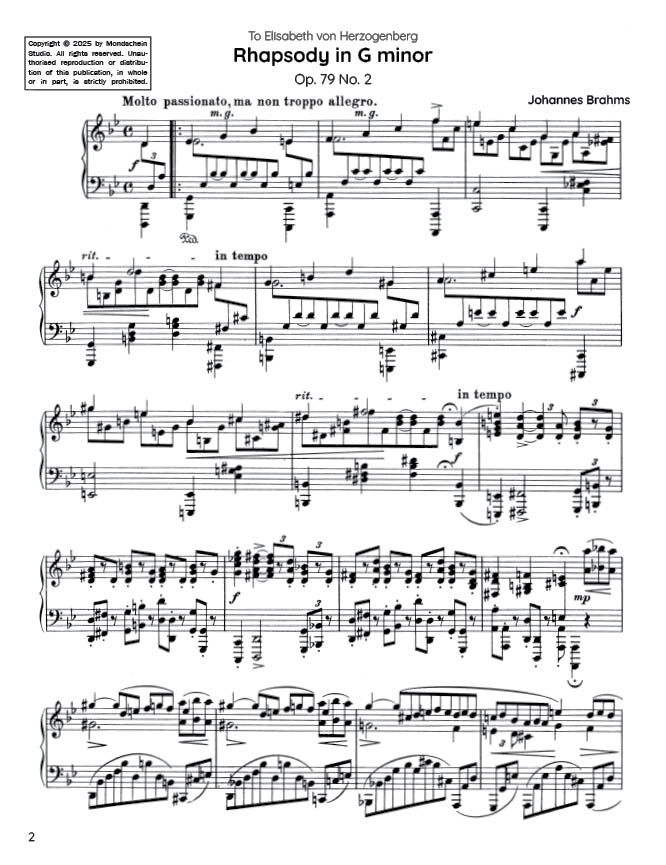 Brahms - Rhapsody in G minor, Op. 79 No. 2 (PDF Sheet Music / Digital Download)