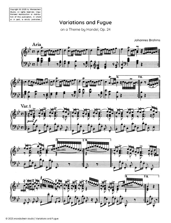 Brahms - Variations and Fugue on a theme by Handel, Op. 24 (PDF Sheet Music / Digital Download)