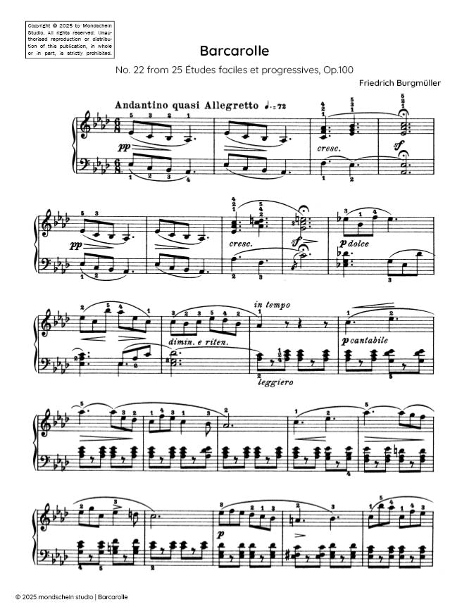 Burgmüller - Barcarolle, No. 22 from 25 Études faciles et progressives, Op. 100 (PDF Sheet Music / Digital Download)