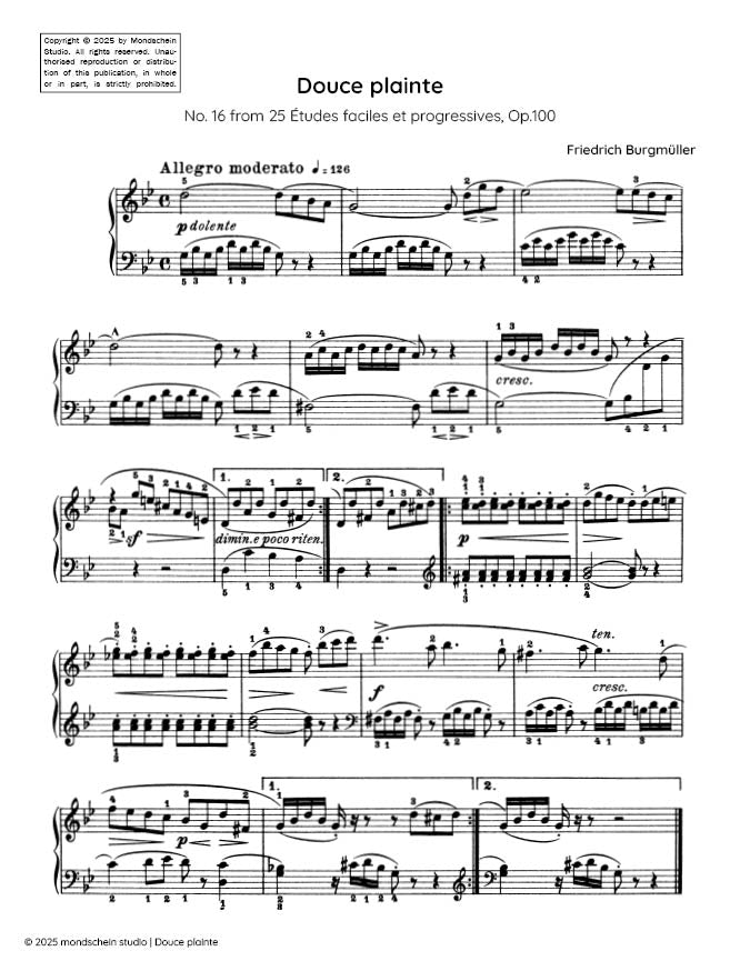 Burgmüller - Douce plainte, No. 16 from 25 Études faciles et progressives, Op. 100 (PDF Sheet Music / Digital Download)