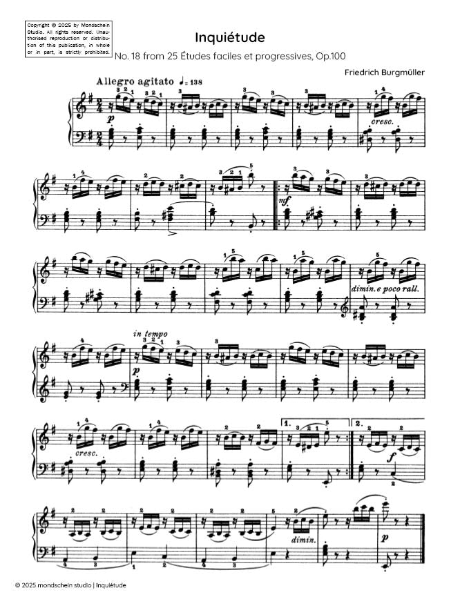 Burgmüller - Inquiétude, No. 18 from 25 Études faciles et progressives, Op. 100 (PDF Sheet Music / Digital Download)