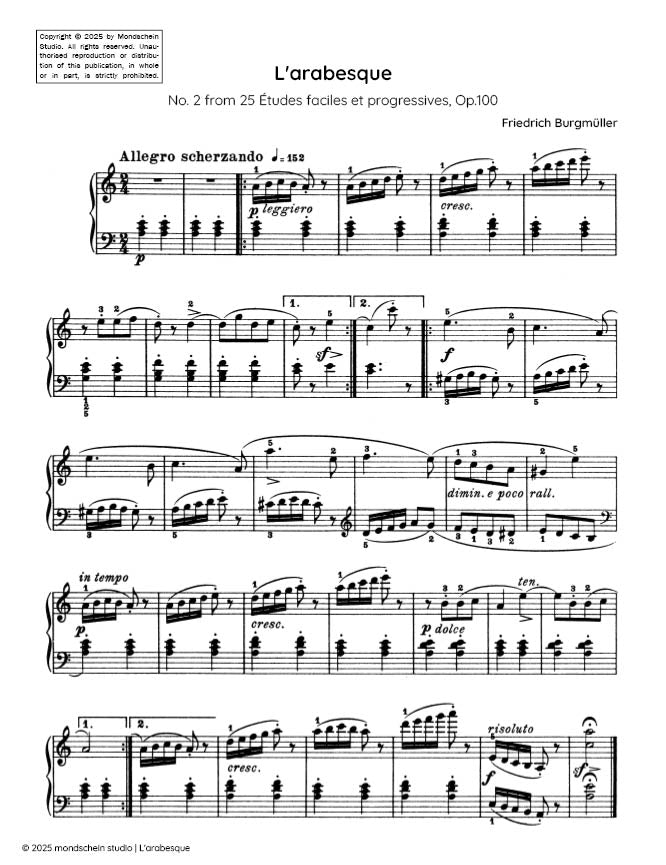 Burgmüller - L'arabesque, No. 2 from 25 Études faciles et progressives, Op. 100 (PDF Sheet Music / Digital Download)