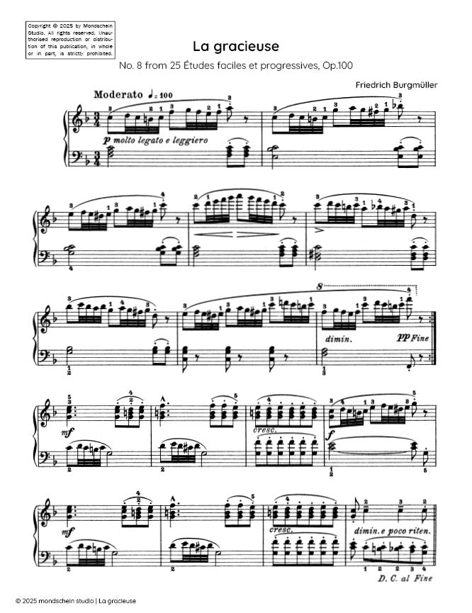 Burgmüller - La gracieuse, No. 8 from 25 Études faciles et progressives, Op. 100 (PDF Sheet Music / Digital Download)