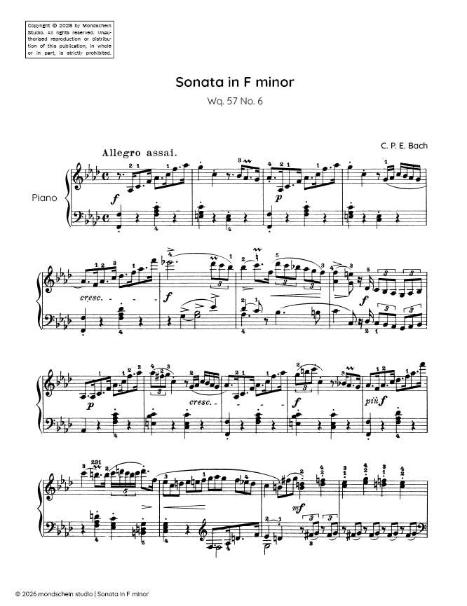 C P E Bach - Sonata in F minor, Wq. 57 No. 6 (PDF Sheet Music / Digital Download)