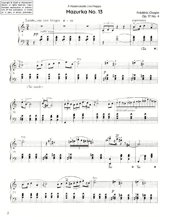 Chopin - Mazurka No. 13, Op. 17 No. 4 (PDF Sheet Music / Digital Download)