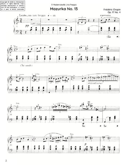 Chopin - Mazurka No. 13, Op. 17 No. 4 (PDF Sheet Music / Digital Download)