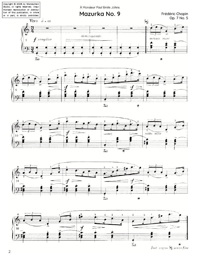 Chopin - Mazurka No. 9, Op. 7 No. 5 (PDF Sheet Music / Digital Download)
