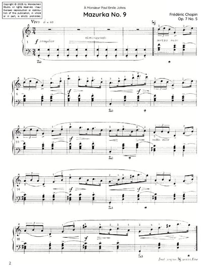 Chopin - Mazurka No. 9, Op. 7 No. 5 (PDF Sheet Music / Digital Download)