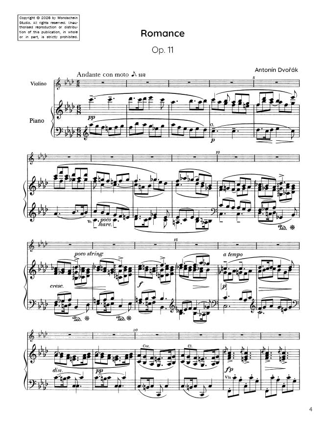 Dvořák - Romance in F minor for violin and piano, Op. 11 (PDF Sheet Music / Digital Download)