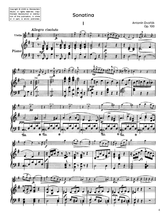 Dvořák - Sonatina in G major for violin and piano, Op. 100 (PDF Sheet Music / Digital Download)