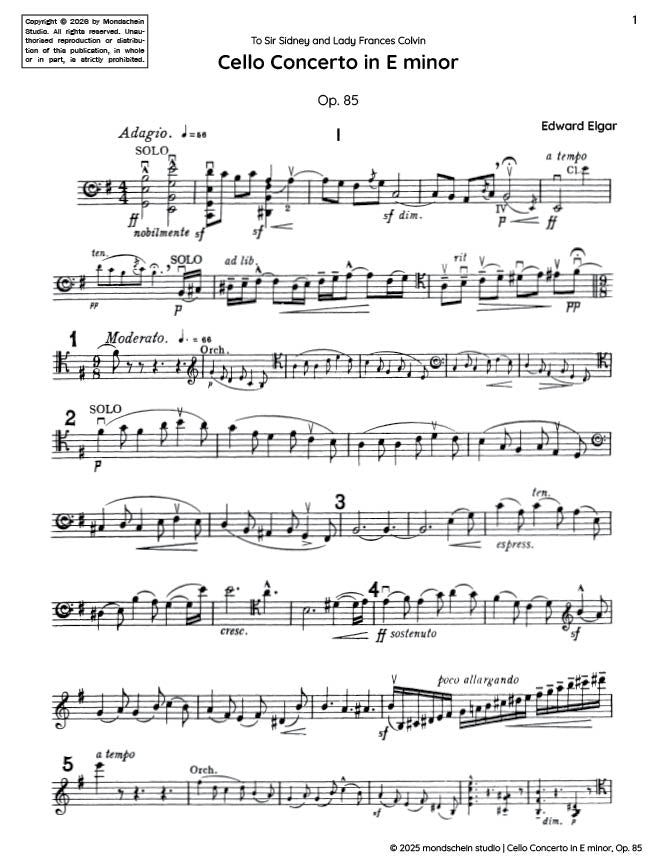 Elgar - Cello Concerto in E minor, Op. 85 (PDF Sheet Music / Digital Download)