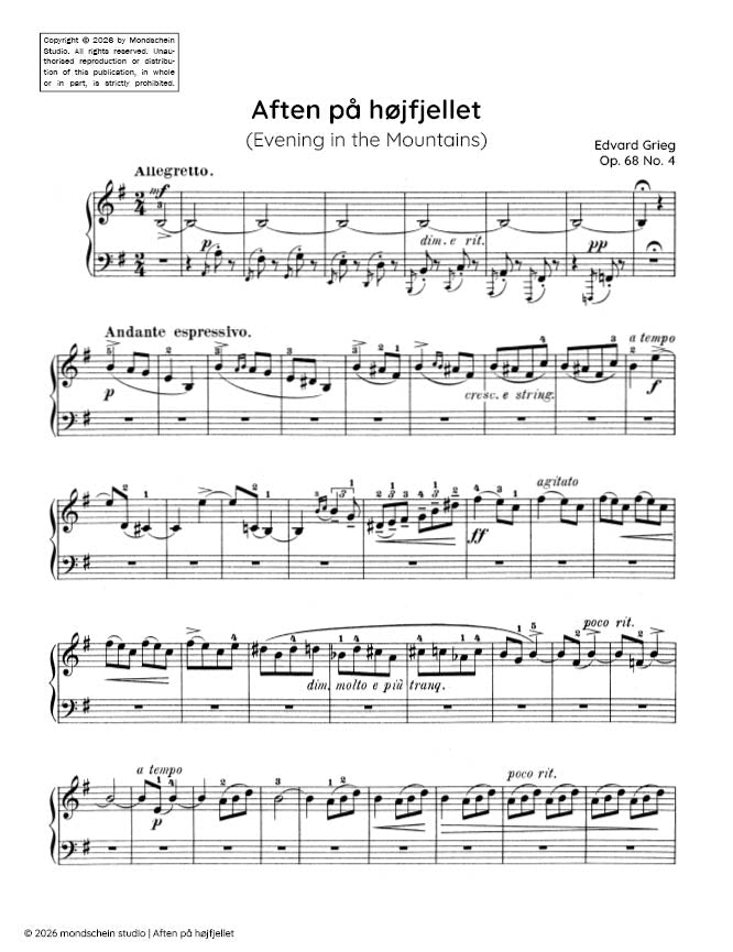 Grieg - Aften på højfjellet (Evening in the Mountains), Op. 68 No. 4 (PDF Sheet Music / Digital Download)