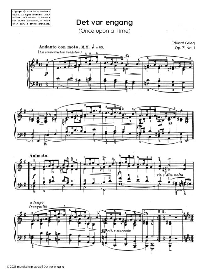 Grieg - Det var engang (Once upon a Time), Op. 71 No. 1 (PDF Sheet Music / Digital Download)