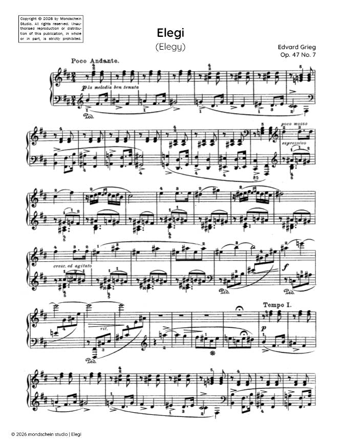 Grieg - Elegi (Elegy), Op. 47 No. 7 (PDF Sheet Music / Digital Download)