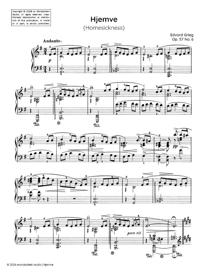 Grieg - Hjemve (Homesickness), Op. 57 No. 6 (PDF Sheet Music / Digital Download)
