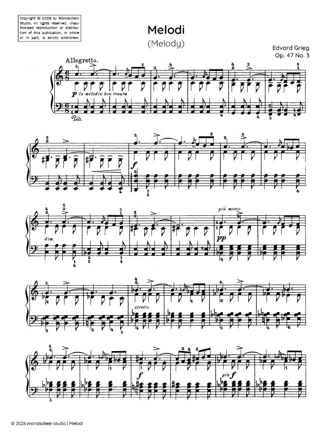 Grieg - Melodi (Melody), Op. 47 No. 3 (PDF Sheet Music / Digital Download)