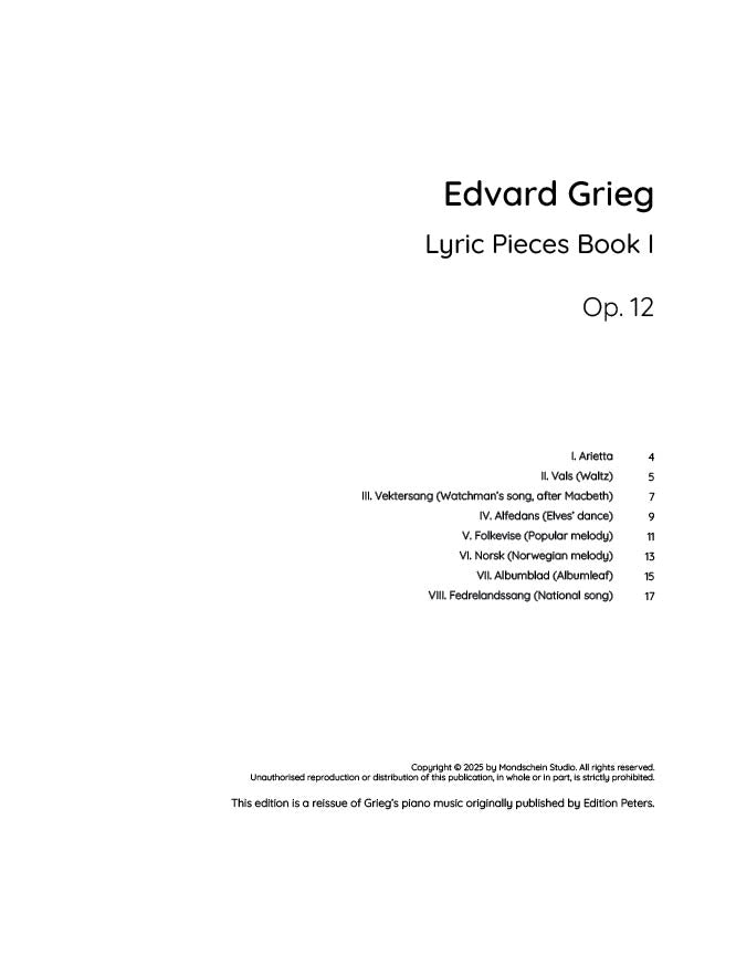 Grieg - Lyric Pieces Book I, Op. 12 (PDF Sheet Music / Digital Download)