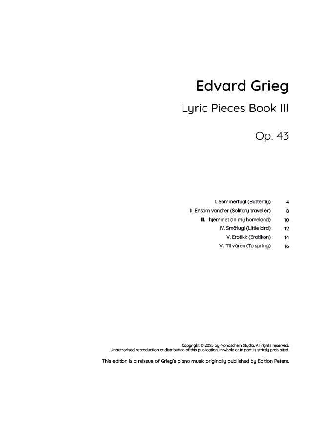 Grieg - Lyric Pieces Book III, Op. 43 (PDF Sheet Music / Digital Download)