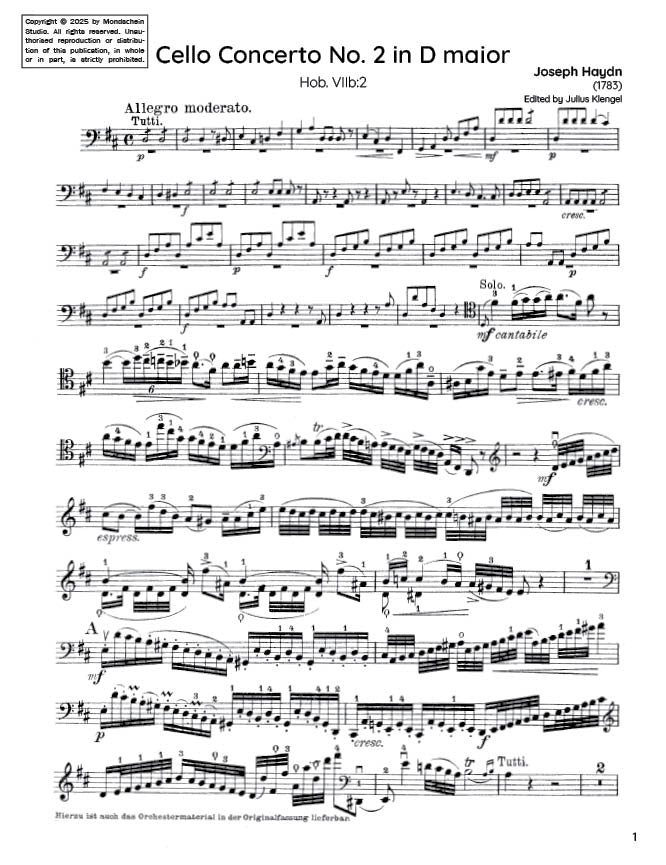 Haydn - Cello Concerto No. 2 in D major VIIb:2 (PDF Sheet Music / Digital Download)
