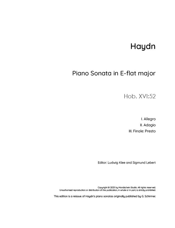 Haydn - Sonata in E-flat major, Hob. XVI:52 (PDF Sheet Music / Digital Download)