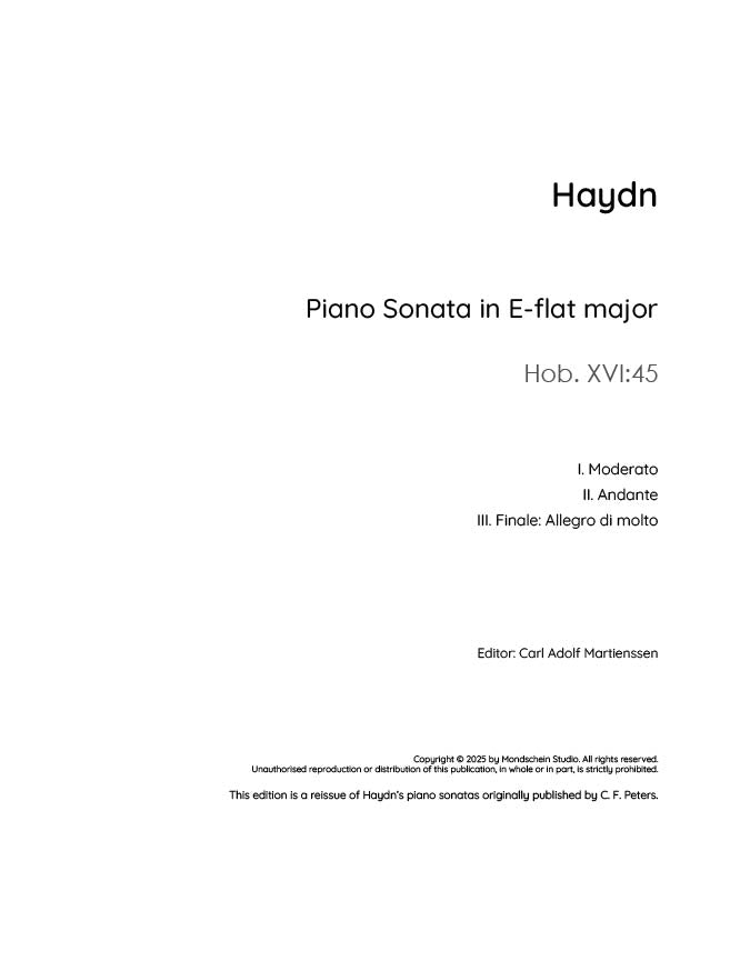 Haydn - Sonata in E-flat major, Hob. XVI:45 (PDF Sheet Music / Digital Download)