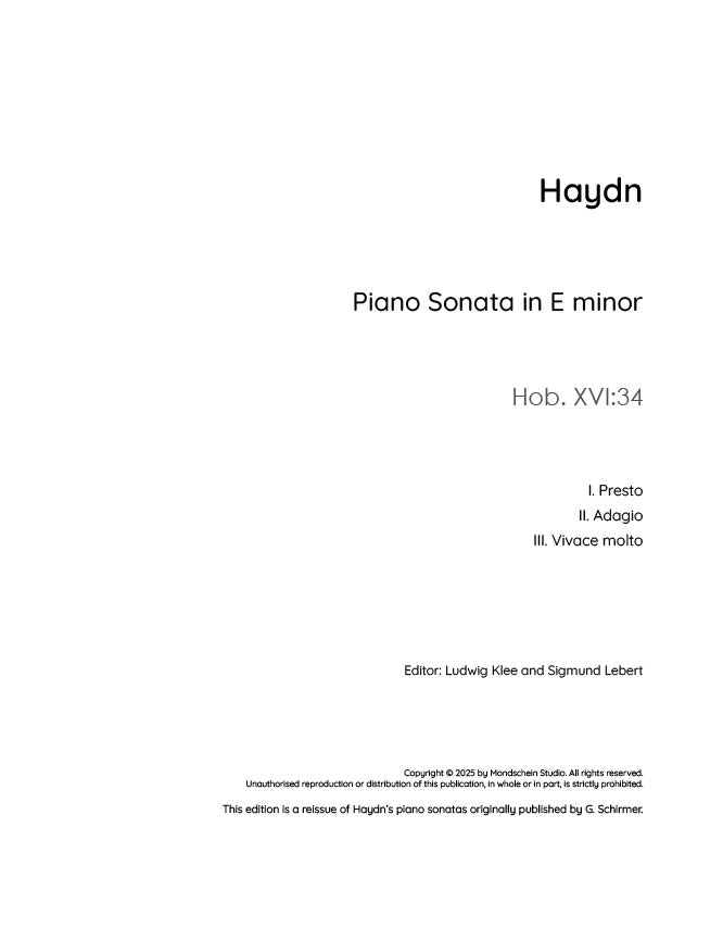 Haydn - Sonata in E minor, Hob. XVI:34 (PDF Sheet Music / Digital Download)
