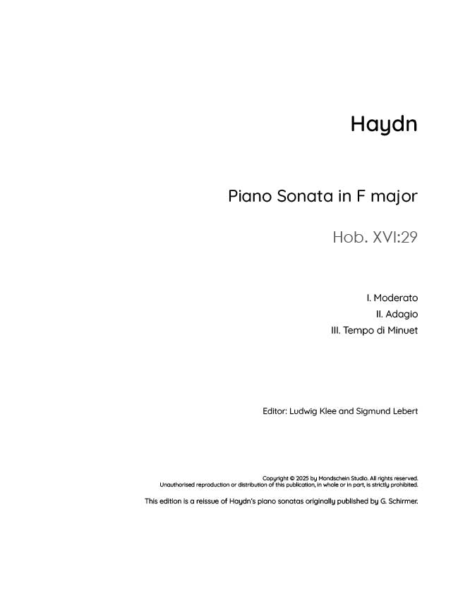 Haydn - Sonata in F major, Hob. XVI:29 (PDF Sheet Music / Digital Download)