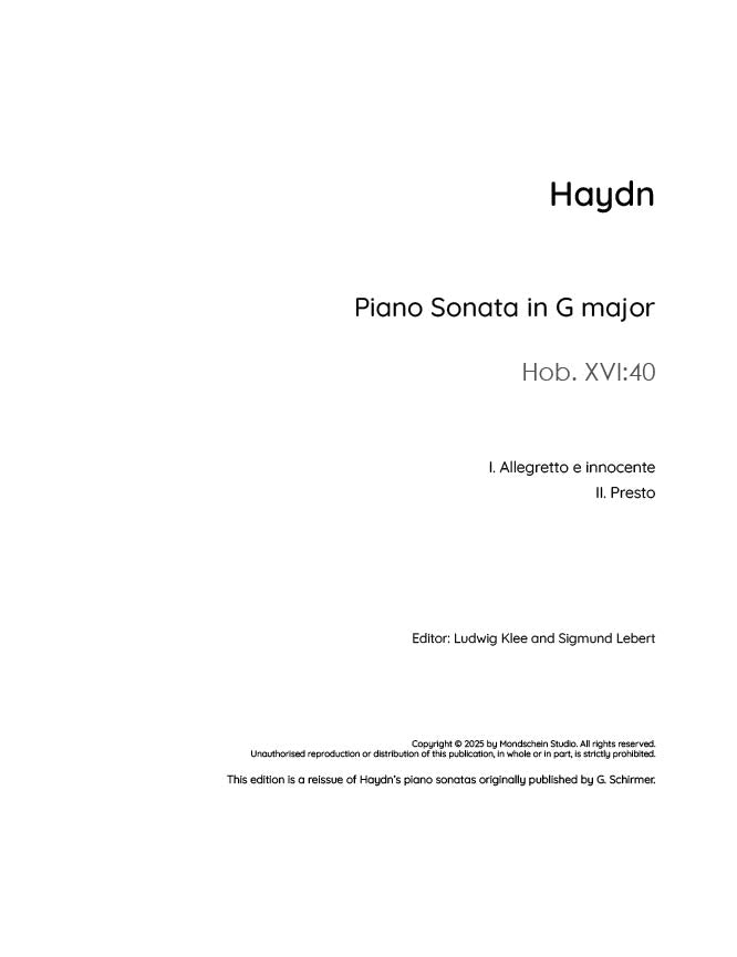 Haydn - Sonata in G major, Hob. XVI:40 (PDF Sheet Music / Digital Download)