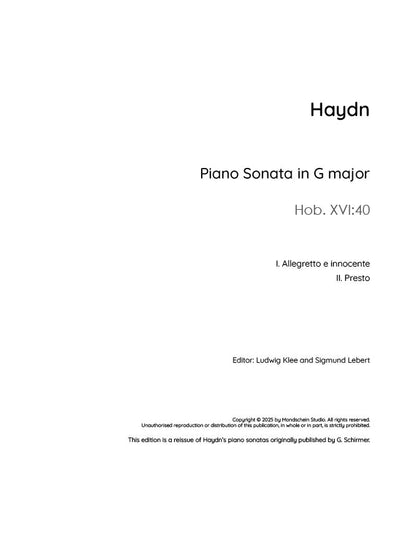 Haydn - Sonata in G major, Hob. XVI:40 (PDF Sheet Music / Digital Download)