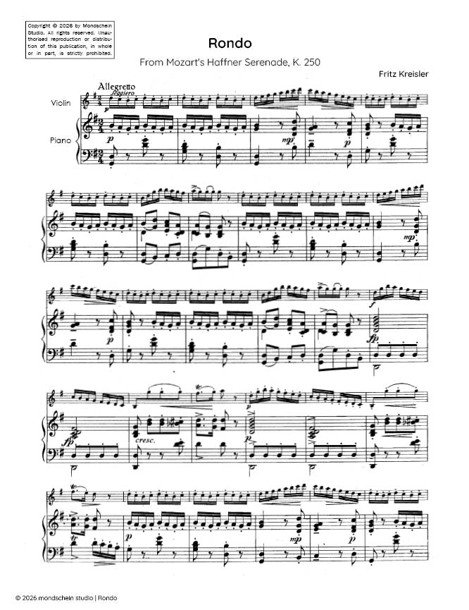 Kreisler - Rondo from Mozart's Haffner Serenade, K. 250 (PDF Sheet Music / Digital Download)