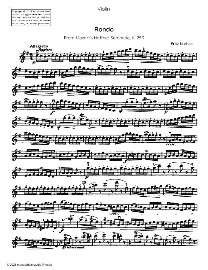 Kreisler - Rondo from Mozart's Haffner Serenade, K. 250 (PDF Sheet Music / Digital Download)
