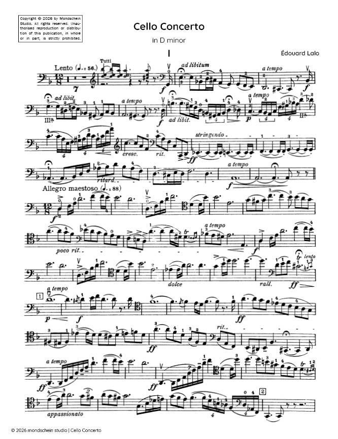 Lalo - Cello Concerto in D minor (PDF Sheet Music / Digital Download)
