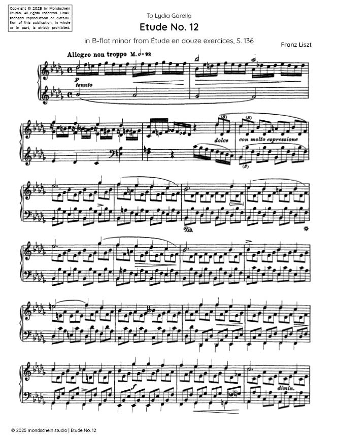 Liszt - Etude No. 12 in B-flat minor from Étude en douze exercices, S. 136 (PDF Sheet Music / Digital Download)