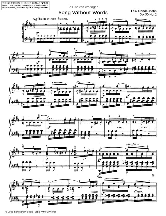Mendelssohn - Song Without Words (Lieder ohne Worte), Op. 30 No. 4 (PDF Sheet Music / Digital Download)
