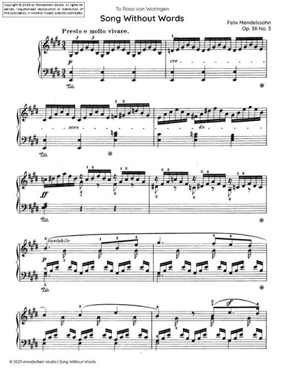 Mendelssohn - Song Without Words (Lieder ohne Worte), Op. 38 No. 3 (PDF Sheet Music / Digital Download)