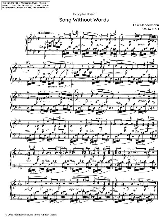 Mendelssohn - Song Without Words (Lieder ohne Worte), Op. 67 No. 1 (PDF Sheet Music / Digital Download)