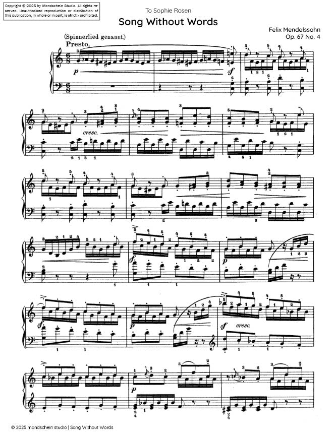 Mendelssohn - Song Without Words (Lieder ohne Worte), Op. 67 No. 4 (PDF Sheet Music / Digital Download)