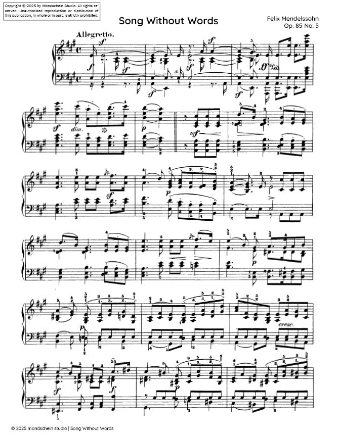 Mendelssohn - Song Without Words (Lieder ohne Worte), Op. 85 No. 5 (PDF Sheet Music / Digital Download)