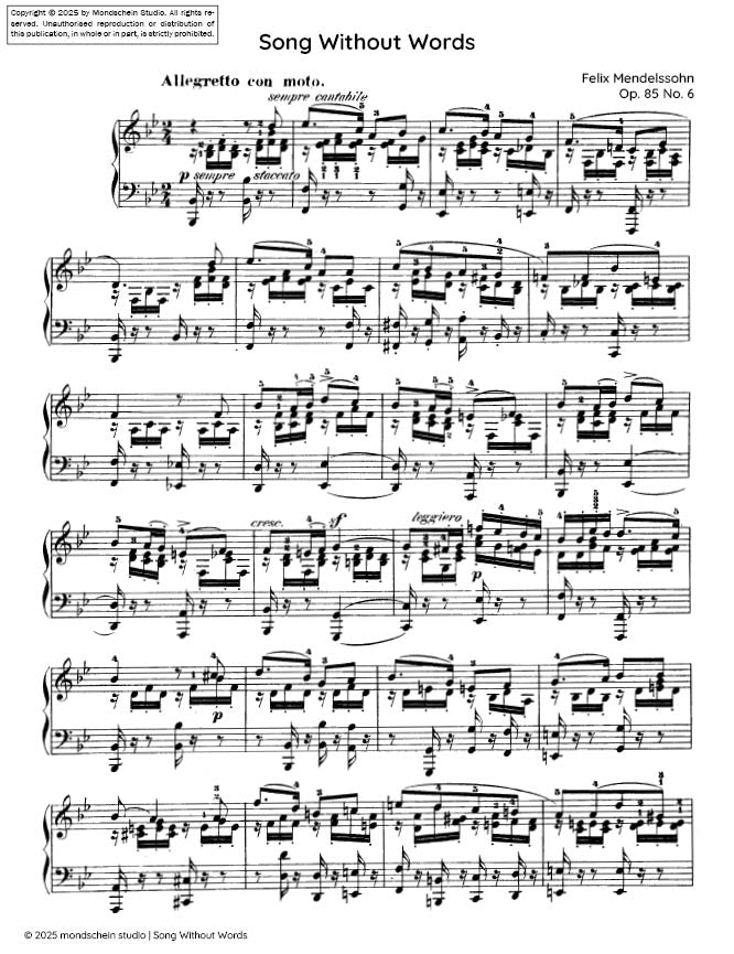 Mendelssohn - Song Without Words (Lieder ohne Worte), Op. 85 No. 6 (PDF Sheet Music / Digital Download)