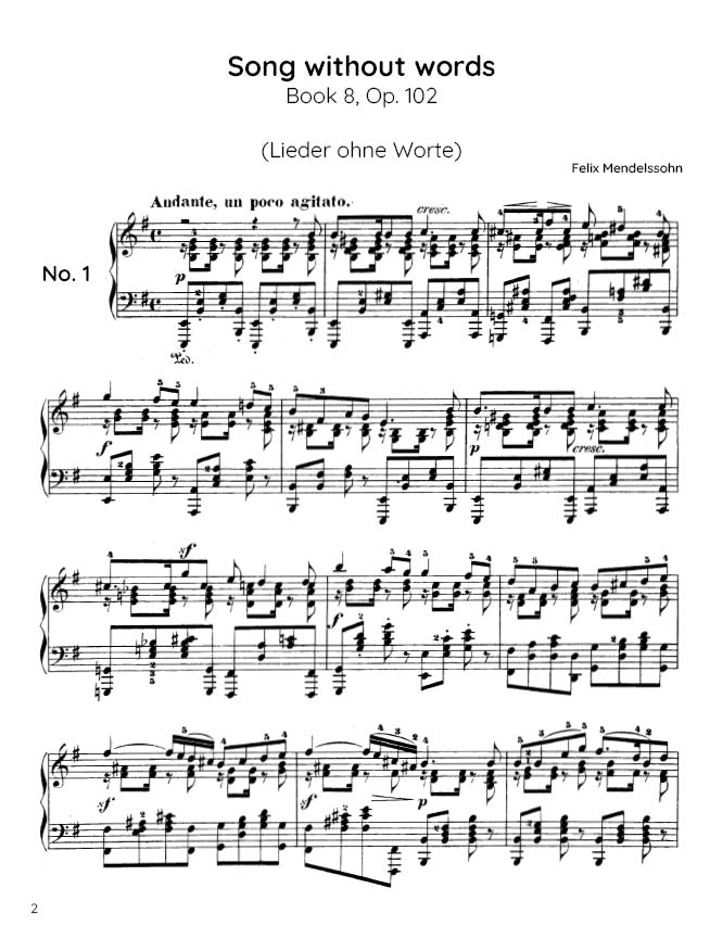 Mendelssohn - Song Without Words (Lieder ohne Worte) Book 8, Op. 102 (PDF Sheet Music / Digital Download)