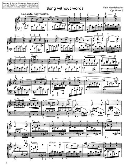 Mendelssohn - Song Without Words (Lieder ohne Worte), Op. 19 No. 2 (PDF Sheet Music / Digital Download)