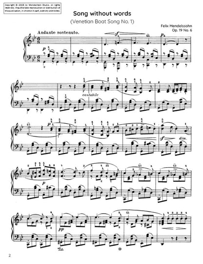 Mendelssohn - Venetian Boat Song No. 1 from Song Without Words, Op. 19 No. 6 (PDF Sheet Music / Digital Download)