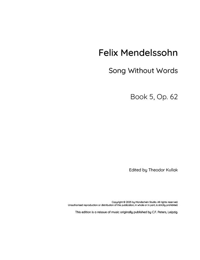 Mendelssohn - Song Without Words (Lieder ohne Worte) Book 5, Op. 62 (PDF Sheet Music / Digital Download)