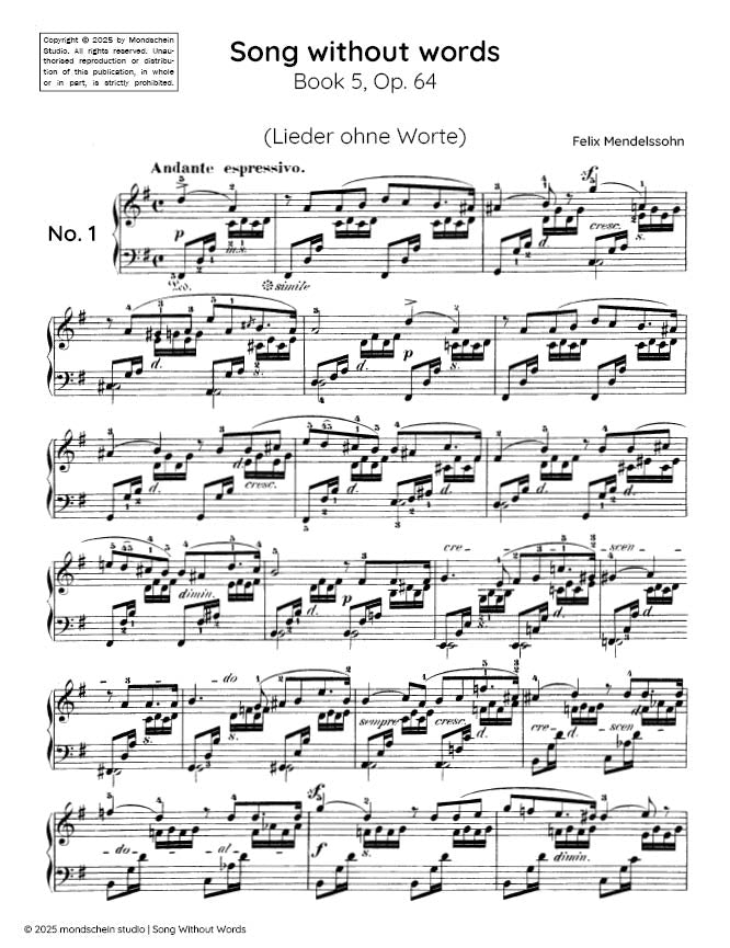 Mendelssohn - Song Without Words (Lieder ohne Worte) Book 5, Op. 62 (PDF Sheet Music / Digital Download)