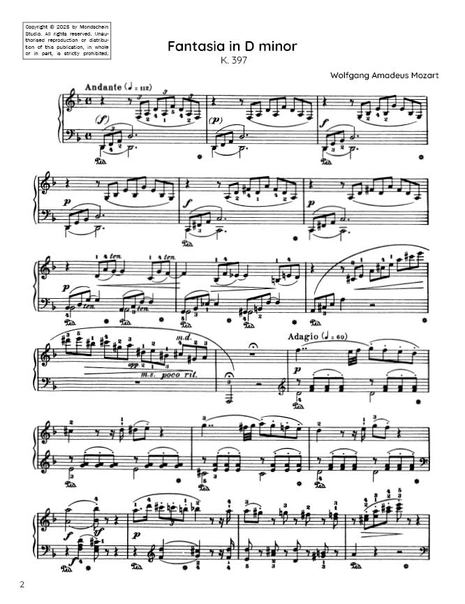 Mozart - Fantasia in D minor, K397 (PDF Sheet Music / Digital Download)